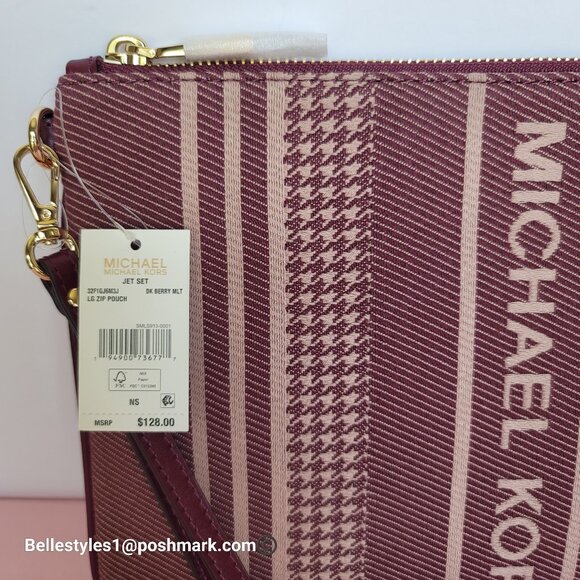 MICHAEL KORS Jet Set Signature Jacquard Large Zip Pouch Wristlet- Dark Berry ⭐ - Picture 15 of 16